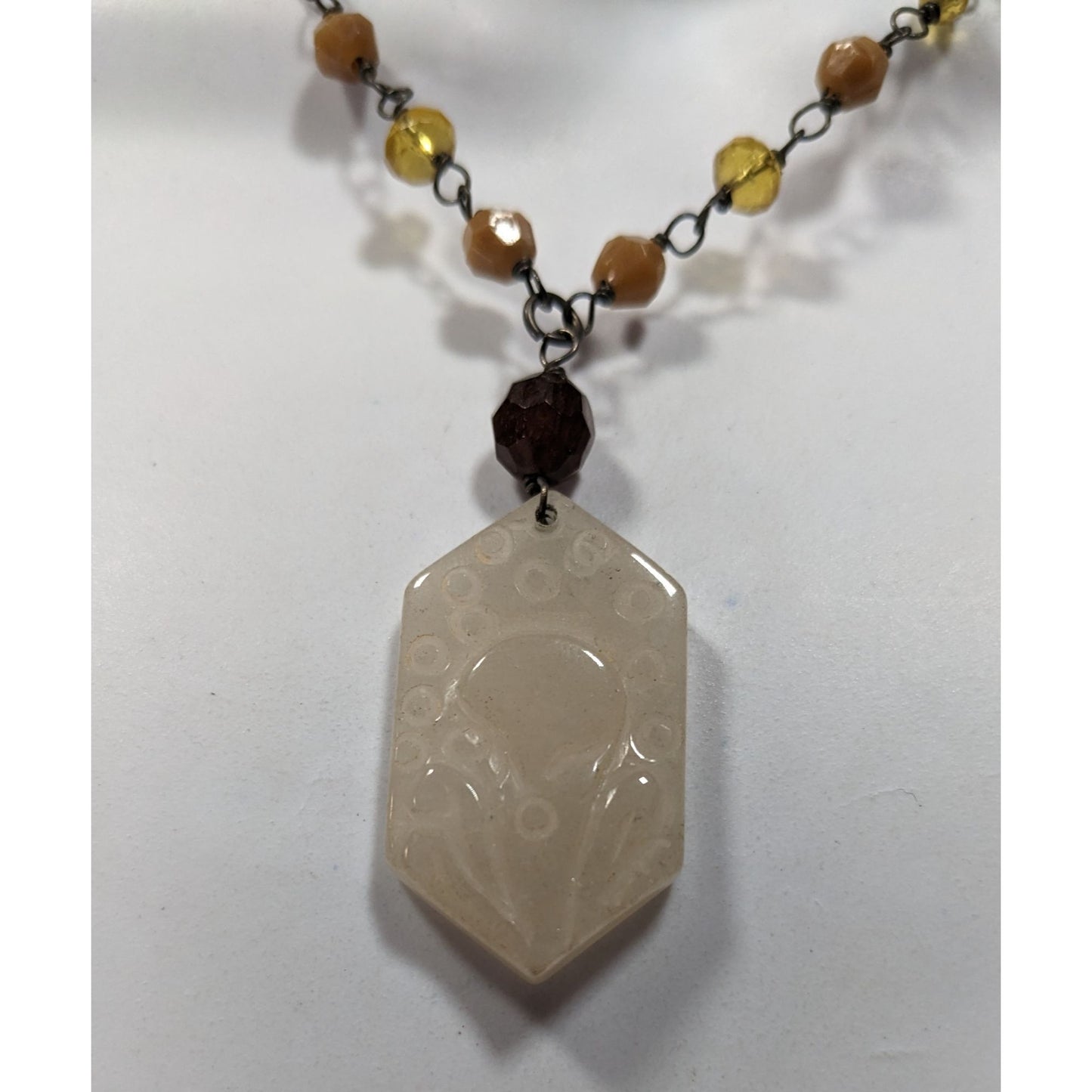 Vintage Carved Quartz Pendant Necklace With Beaded Chain