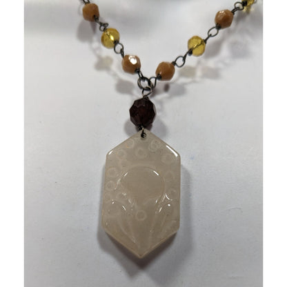 Vintage Carved Quartz Pendant Necklace With Beaded Chain