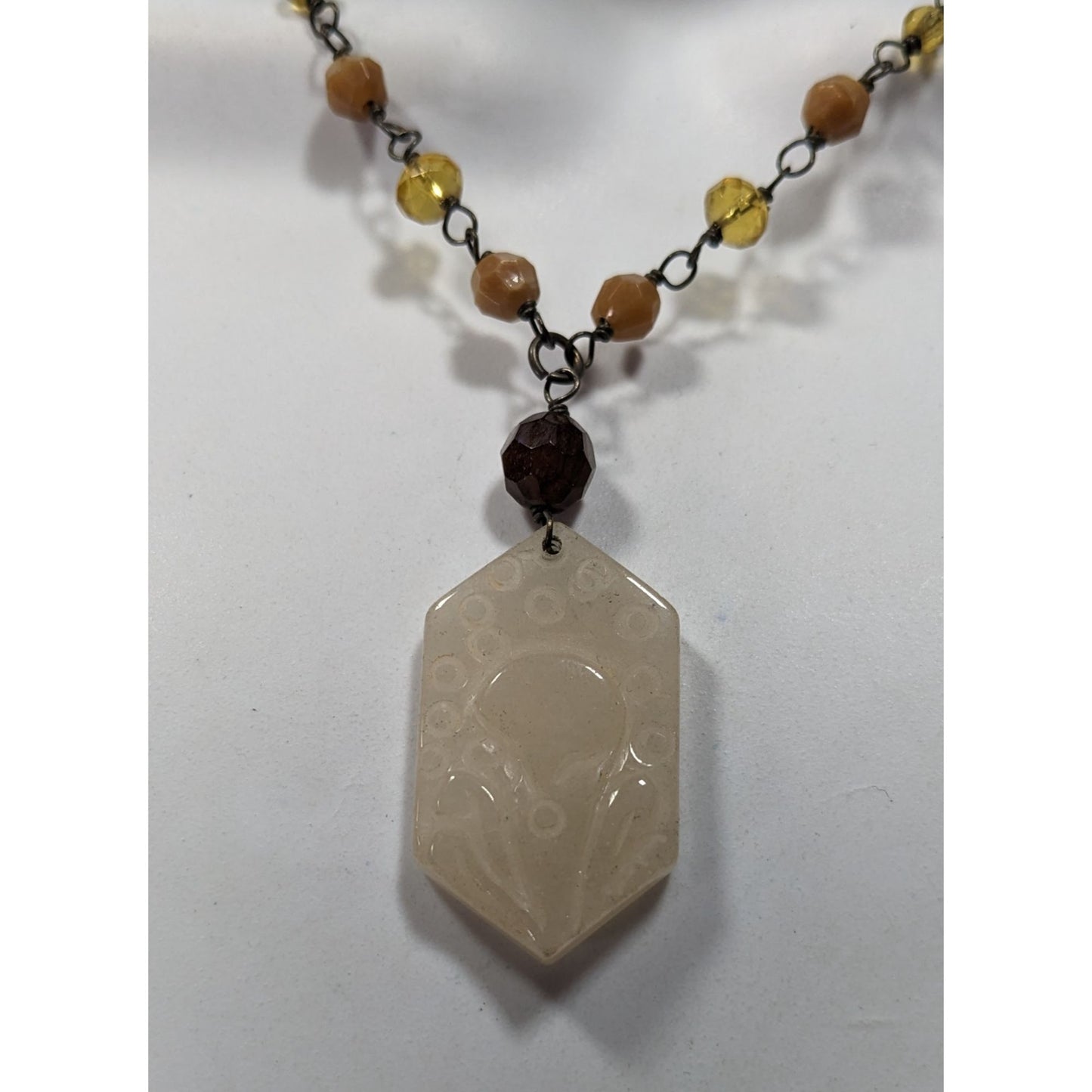 Vintage Carved Quartz Pendant Necklace With Beaded Chain