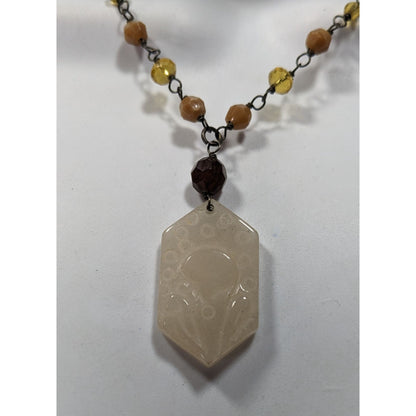 Vintage Carved Quartz Pendant Necklace With Beaded Chain
