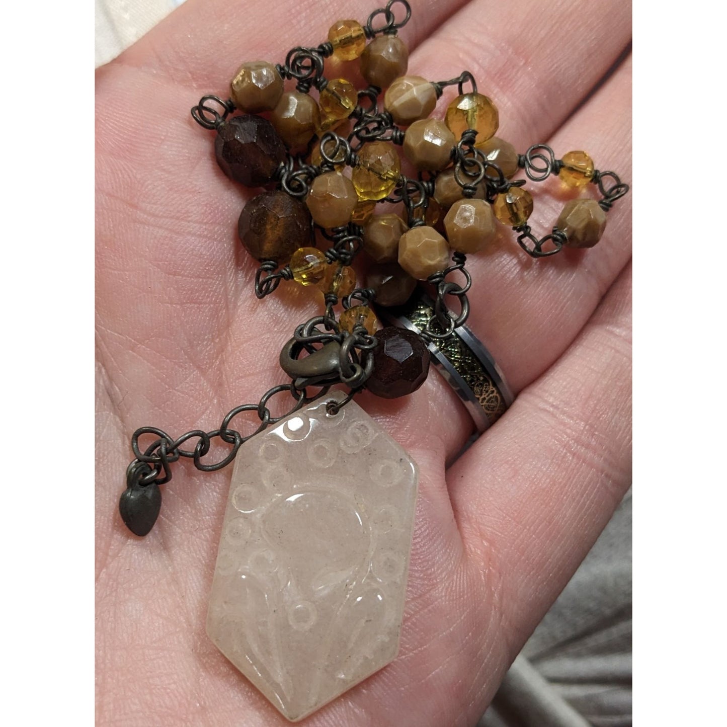 Vintage Carved Quartz Pendant Necklace With Beaded Chain