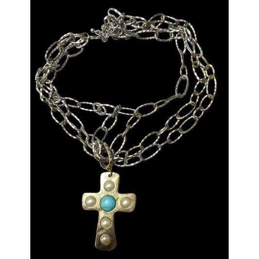 Vintage Southwestern Multilayer Chain Hammered Bohemian Cross Necklace