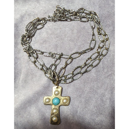 Vintage Southwestern Multilayer Chain Hammered Bohemian Cross Necklace