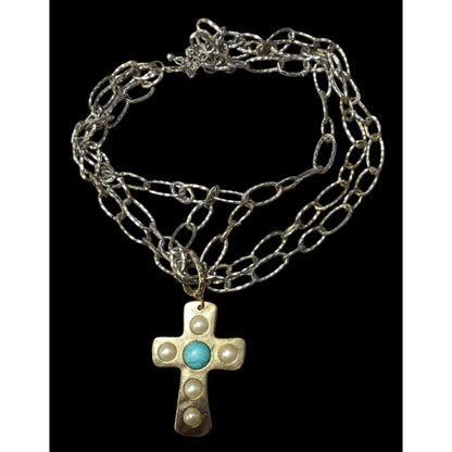 Vintage Southwestern Multilayer Chain Hammered Bohemian Cross Necklace