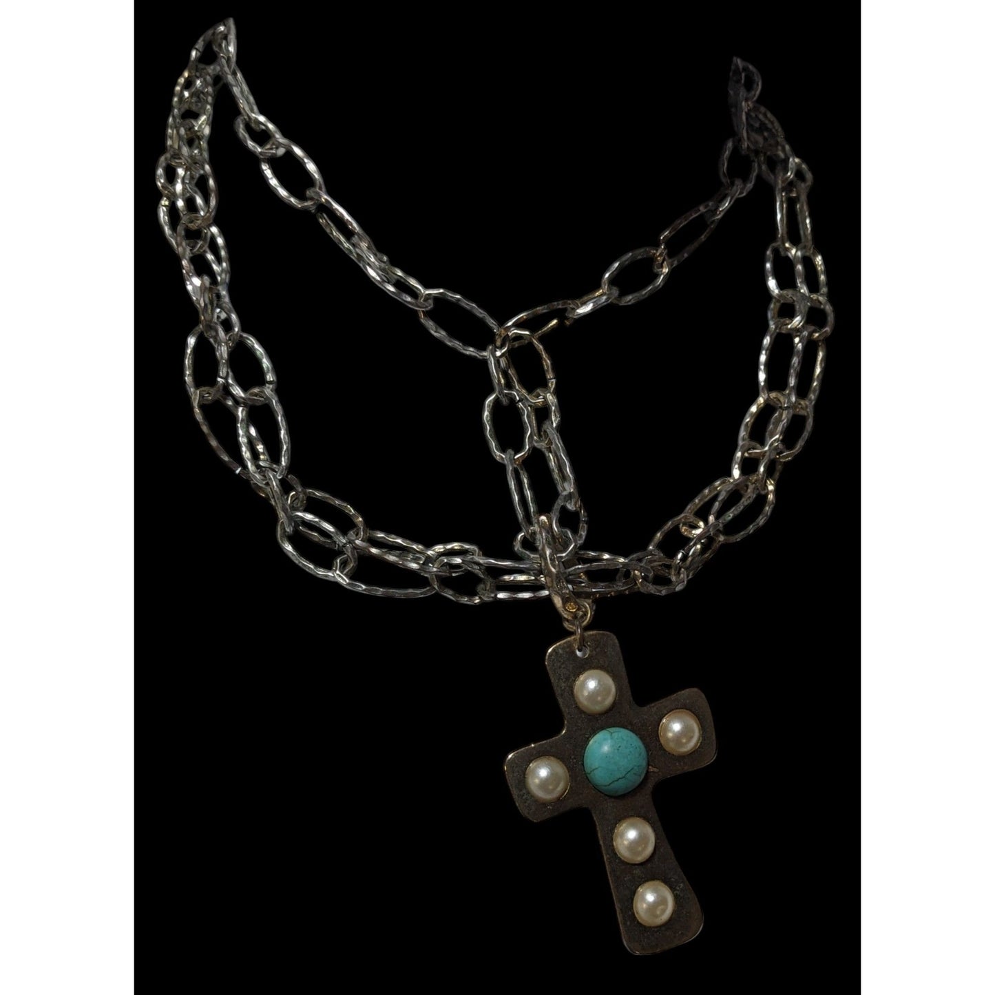 Vintage Southwestern Multilayer Chain Hammered Bohemian Cross Necklace