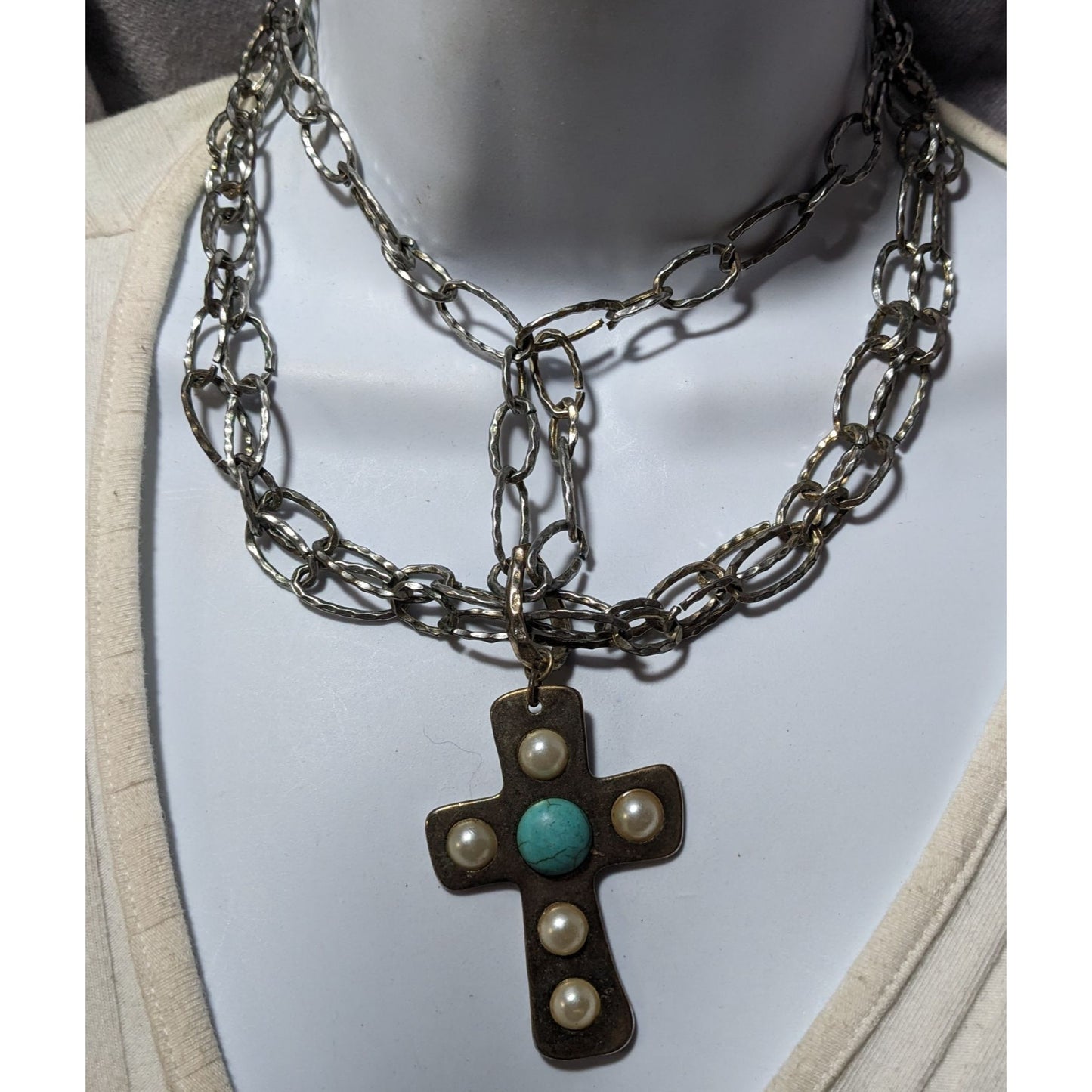 Vintage Southwestern Multilayer Chain Hammered Bohemian Cross Necklace