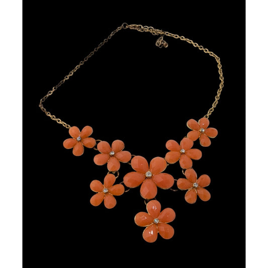 Retro Orange Floral Statement Necklace With Gold-Tone Chain And Rhinestone Accents