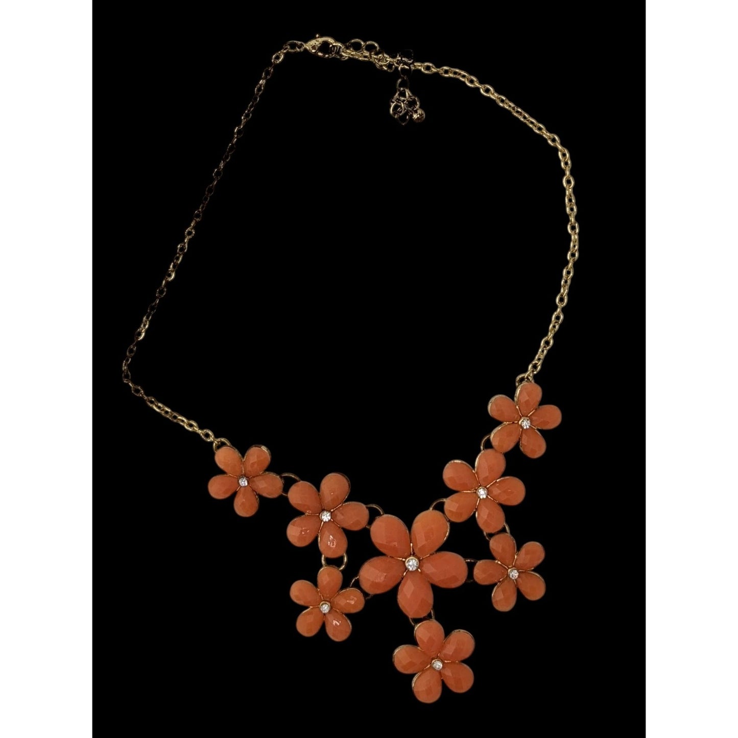 Retro Orange Floral Statement Necklace With Gold-Tone Chain And Rhinestone Accents