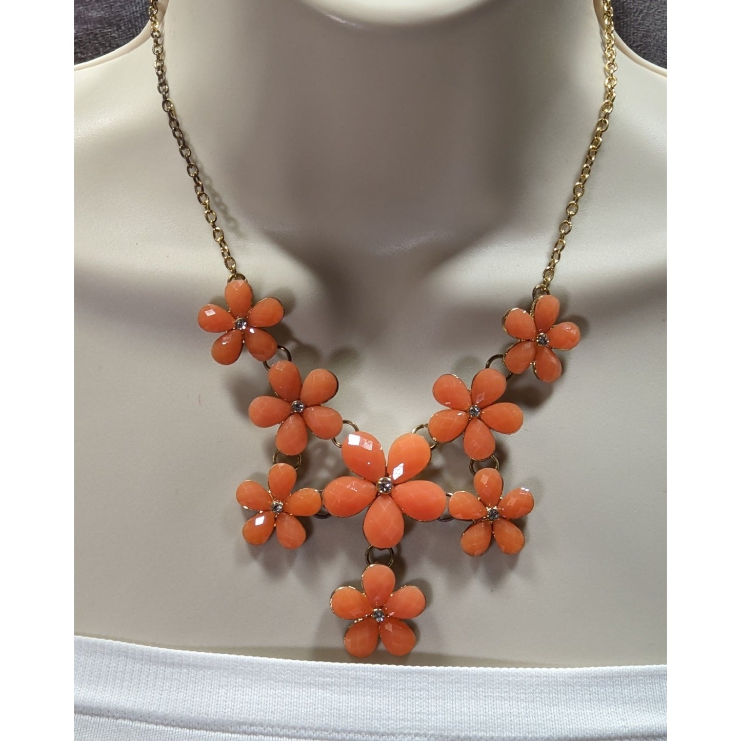 Retro Orange Floral Statement Necklace With Gold-Tone Chain And Rhinestone Accents