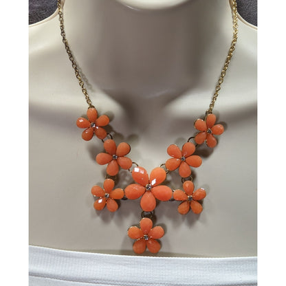Retro Orange Floral Statement Necklace With Gold-Tone Chain And Rhinestone Accents