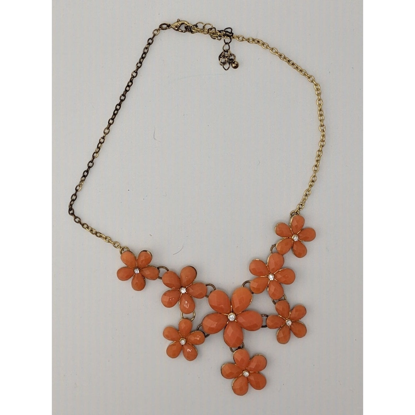 Retro Orange Floral Statement Necklace With Gold-Tone Chain And Rhinestone Accents