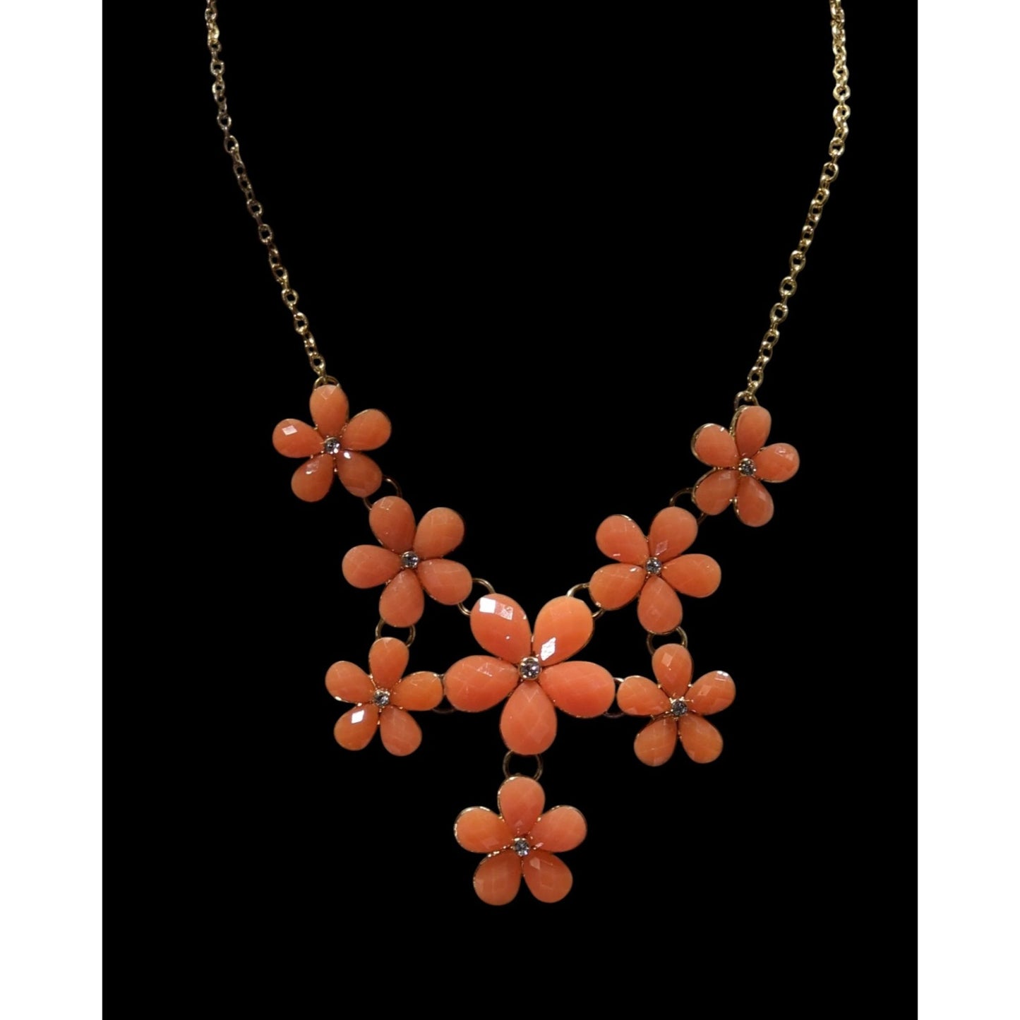 Retro Orange Floral Statement Necklace With Gold-Tone Chain And Rhinestone Accents