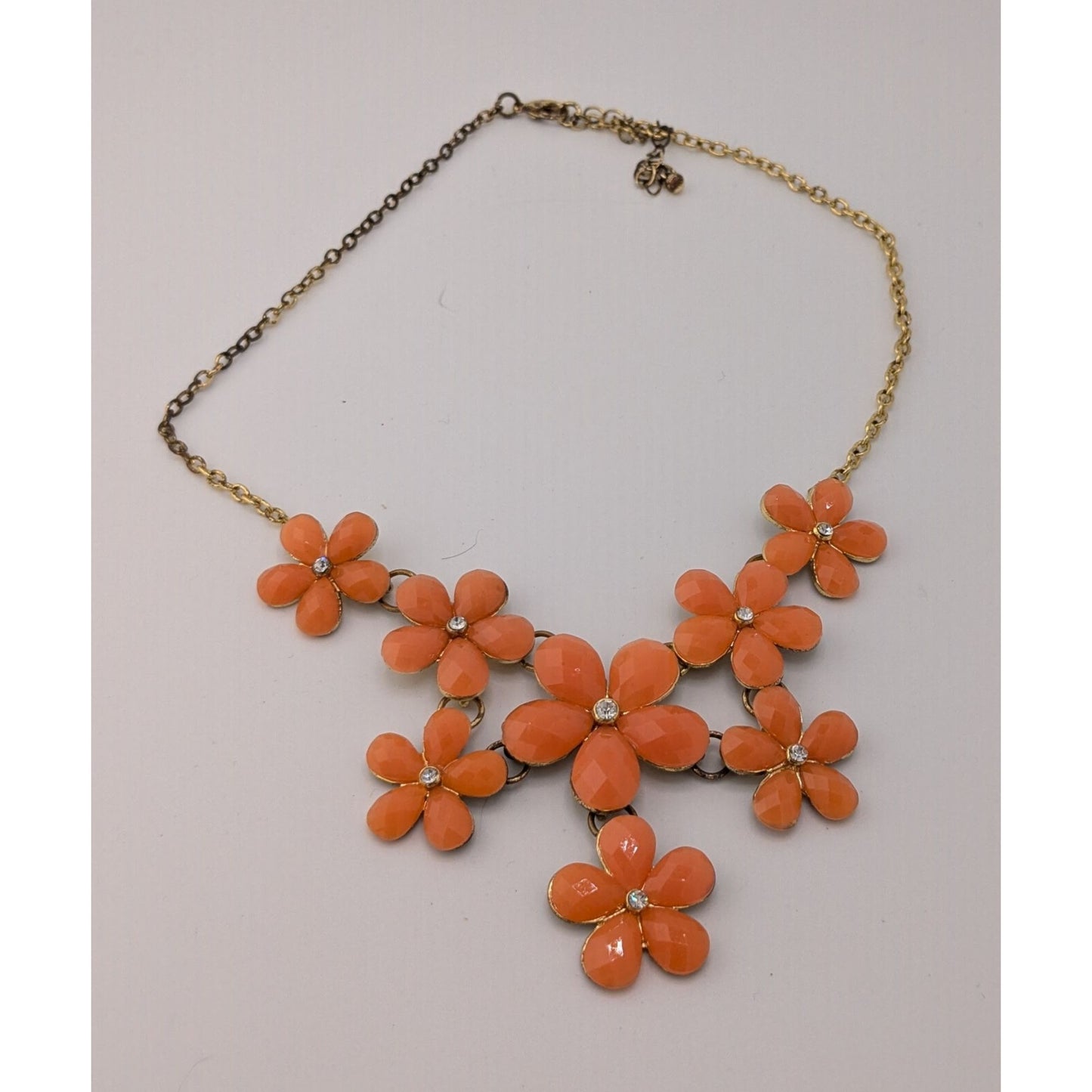 Retro Orange Floral Statement Necklace With Gold-Tone Chain And Rhinestone Accents