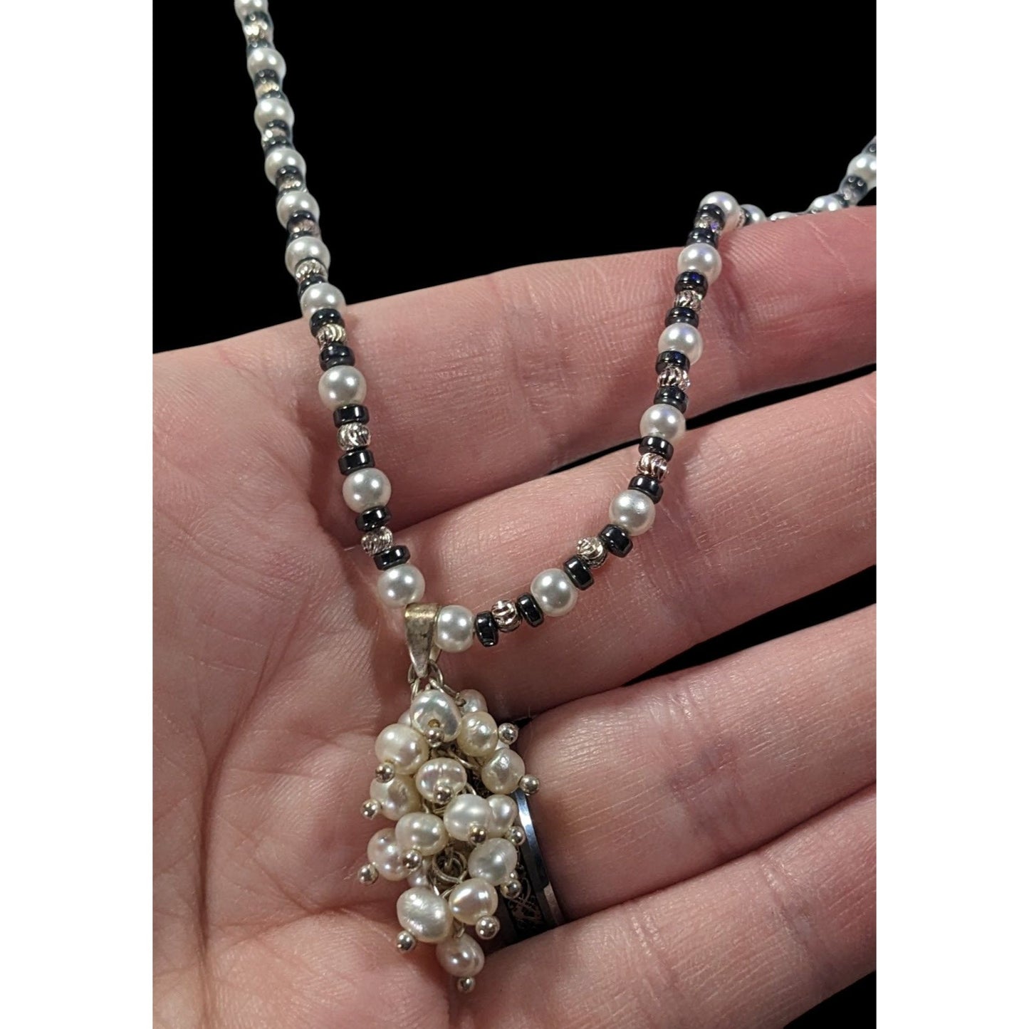 Handmade Whimsical Pearl And Glass Beaded Cluster Pendant Necklace