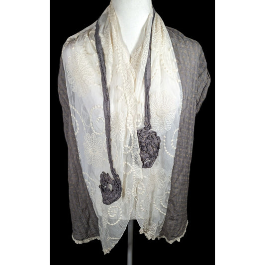 Vintage Floral Embroidered Lace Grey And White Scarf