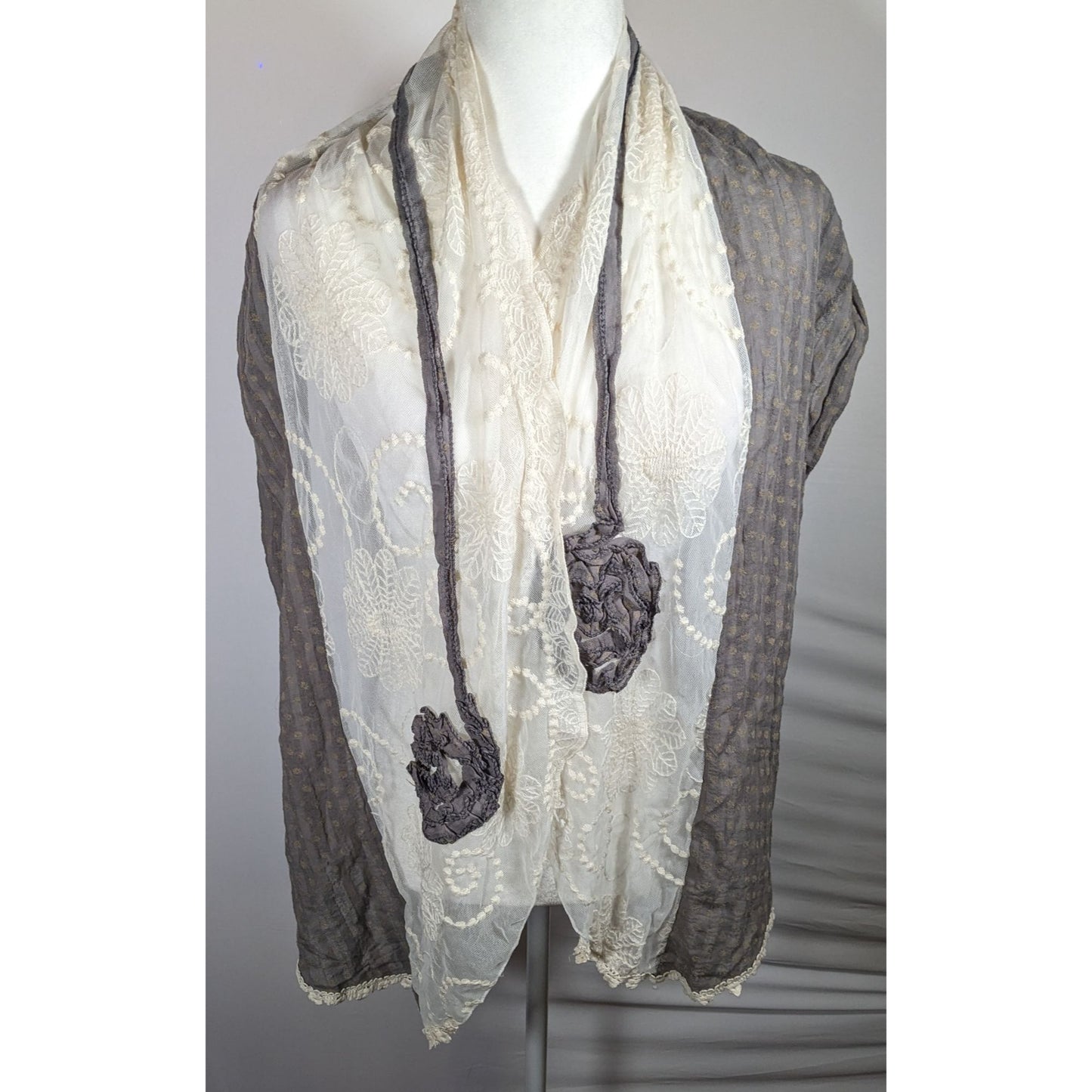 Vintage Floral Embroidered Lace Grey And White Scarf