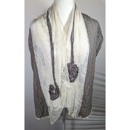 Vintage Floral Embroidered Lace Grey And White Scarf