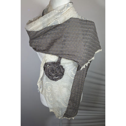 Vintage Floral Embroidered Lace Grey And White Scarf