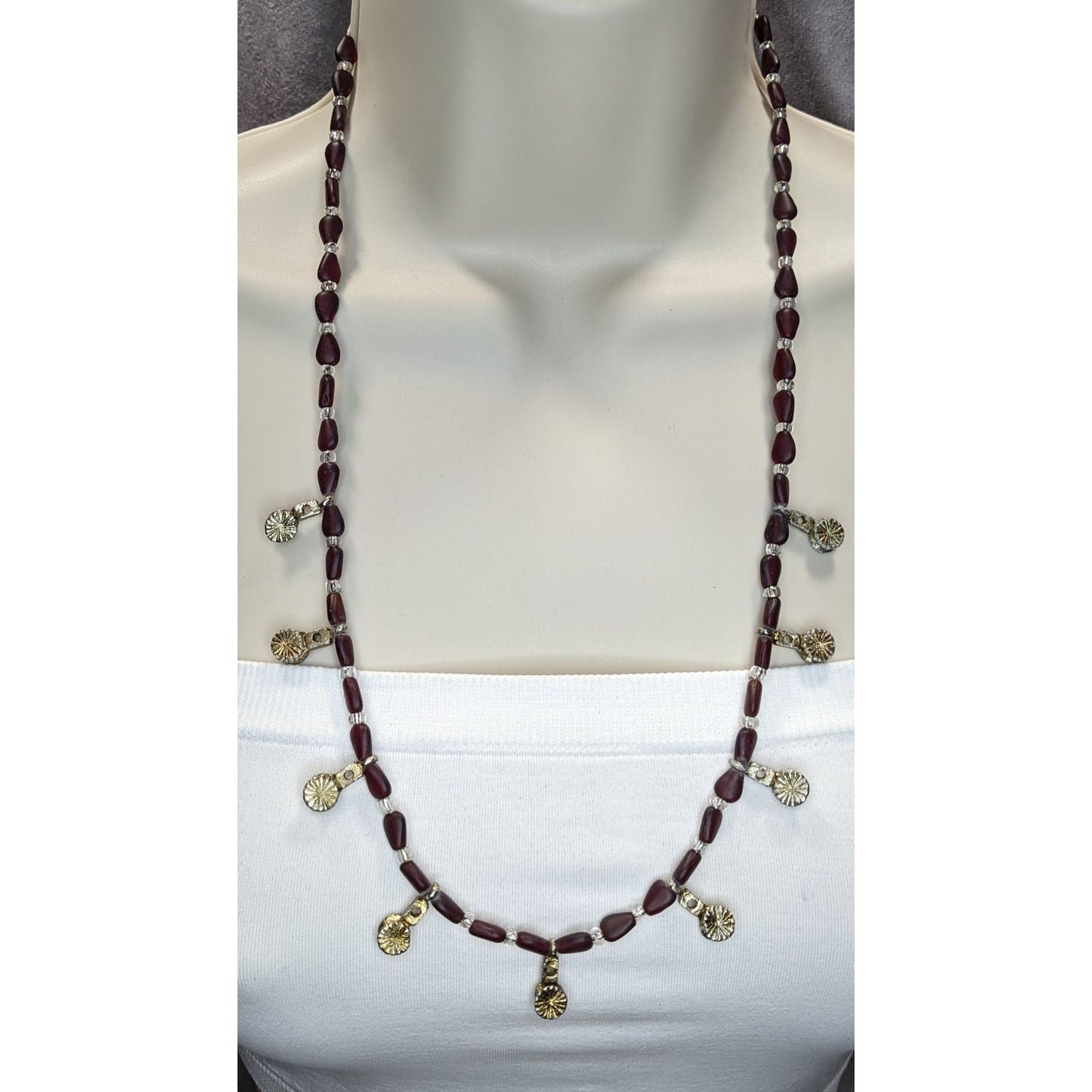 Boho Southwestern Vintage Frosted Garnet Glass Bead Dangle Charm Necklace
