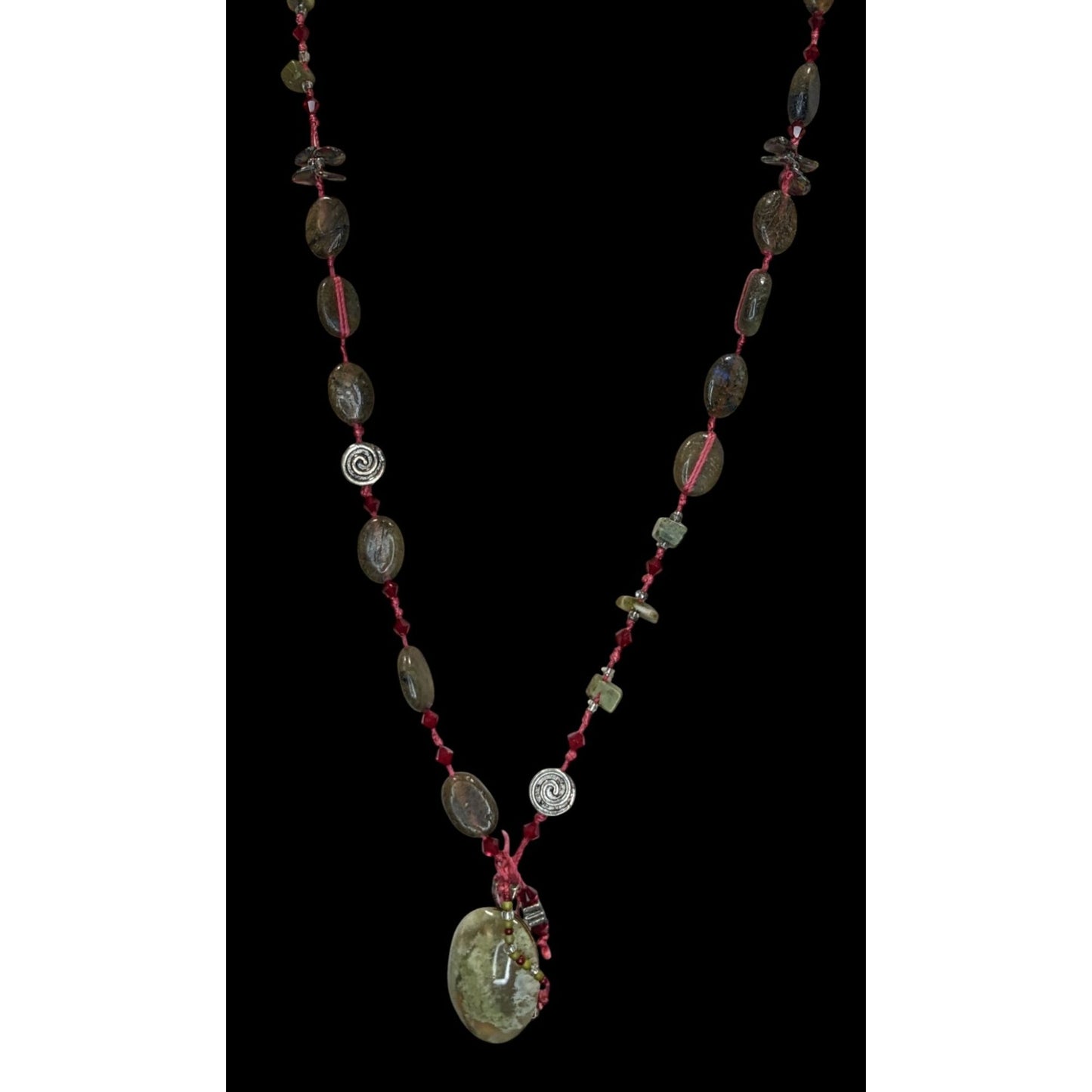Vintage Moss Agate Beaded Pendant Necklace Handmade Boho Nature Green Red Gemstone Jewelry