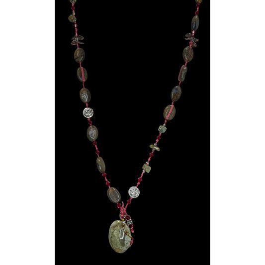 Vintage Moss Agate Beaded Pendant Necklace Handmade Boho Nature Green Red Gemstone Jewelry