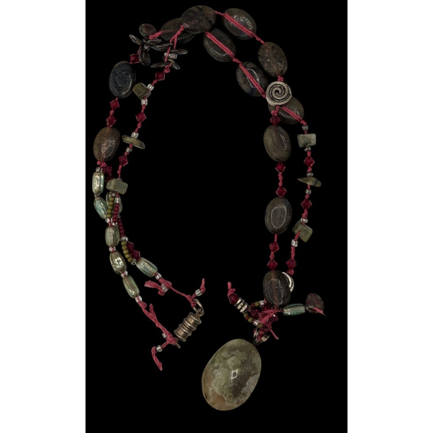 Vintage Moss Agate Beaded Pendant Necklace Handmade Boho Nature Green Red Gemstone Jewelry