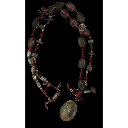 Vintage Moss Agate Beaded Pendant Necklace Handmade Boho Nature Green Red Gemstone Jewelry