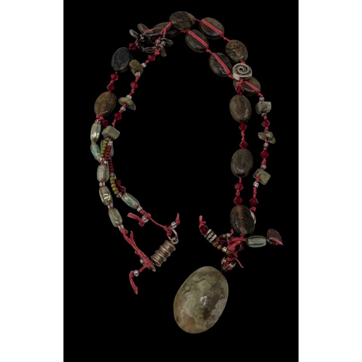 Vintage Moss Agate Beaded Pendant Necklace Handmade Boho Nature Green Red Gemstone Jewelry