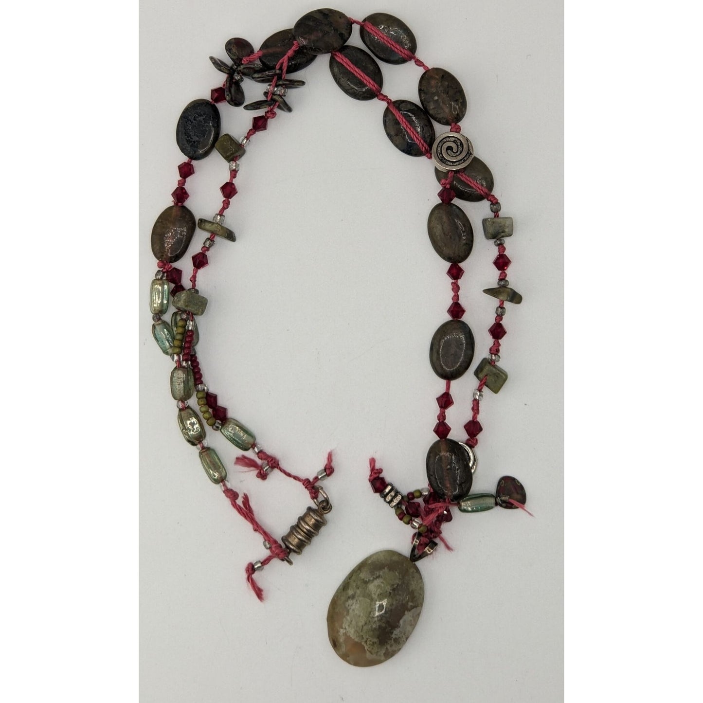 Vintage Moss Agate Beaded Pendant Necklace Handmade Boho Nature Green Red Gemstone Jewelry