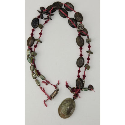 Vintage Moss Agate Beaded Pendant Necklace Handmade Boho Nature Green Red Gemstone Jewelry