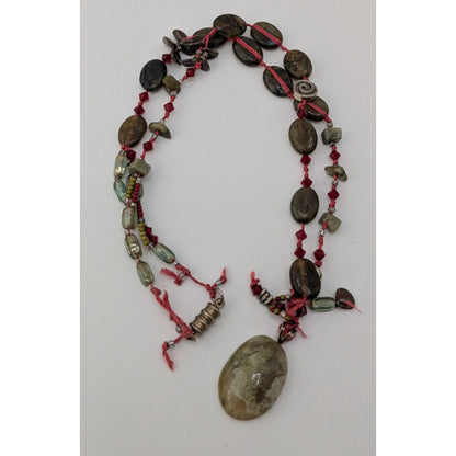 Vintage Moss Agate Beaded Pendant Necklace Handmade Boho Nature Green Red Gemstone Jewelry