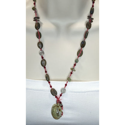 Vintage Moss Agate Beaded Pendant Necklace Handmade Boho Nature Green Red Gemstone Jewelry
