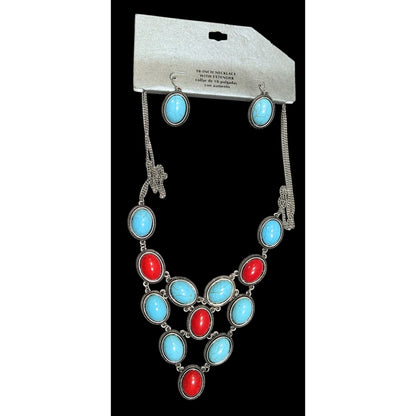 Southwestern Red And Faux Turquoise Cabochon Statement Necklace With Matching Earrings