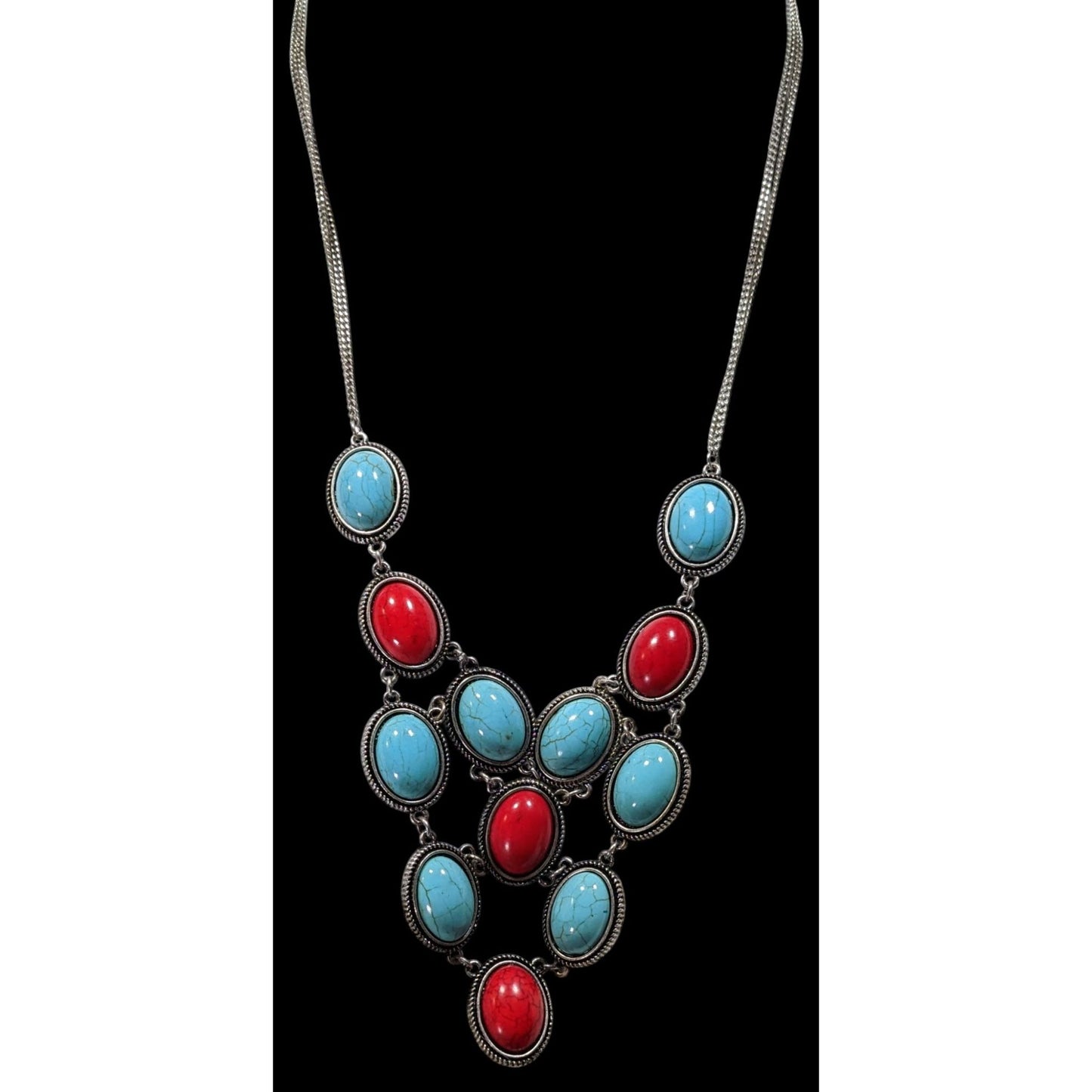 Southwestern Red And Faux Turquoise Cabochon Statement Necklace With Matching Earrings