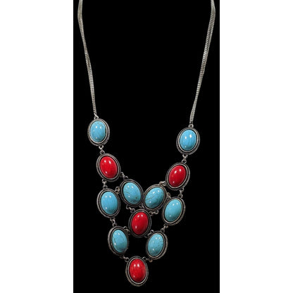 Southwestern Red And Faux Turquoise Cabochon Statement Necklace With Matching Earrings
