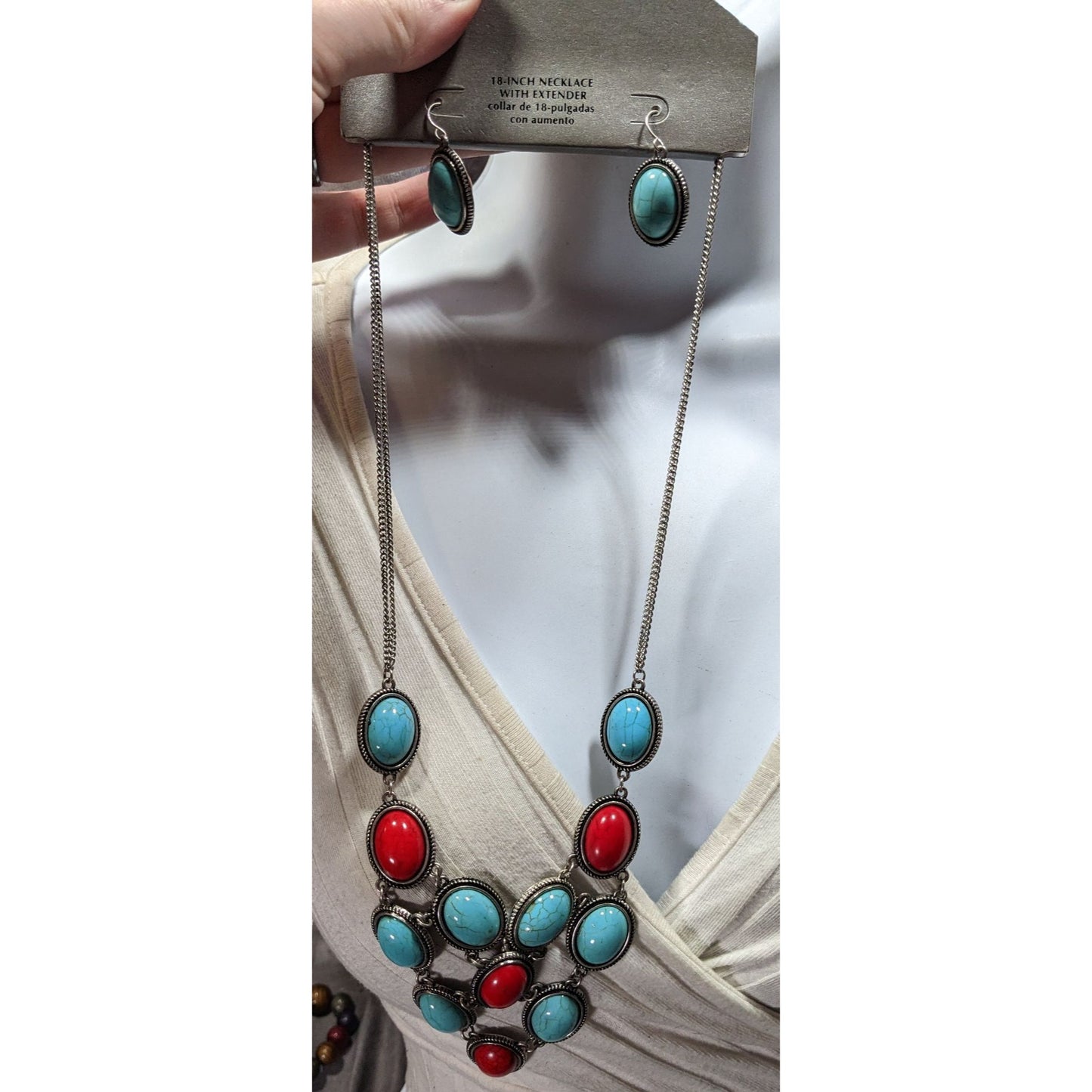 Southwestern Red And Faux Turquoise Cabochon Statement Necklace With Matching Earrings