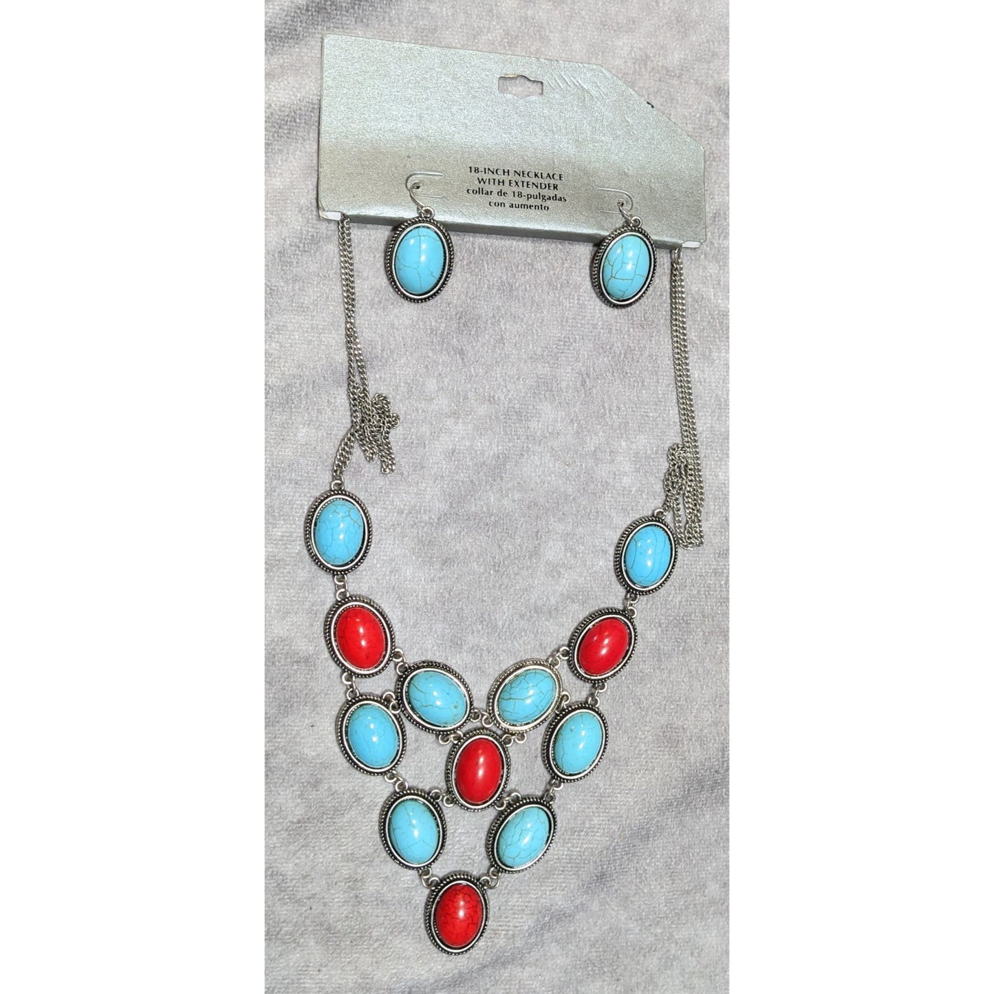 Southwestern Red And Faux Turquoise Cabochon Statement Necklace With Matching Earrings