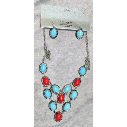 Southwestern Red And Faux Turquoise Cabochon Statement Necklace With Matching Earrings