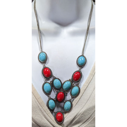 Southwestern Red And Faux Turquoise Cabochon Statement Necklace With Matching Earrings