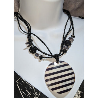 Black White Striped Shell Pendant Necklace Beaded Statement Boho Gothic Layered Jewelry