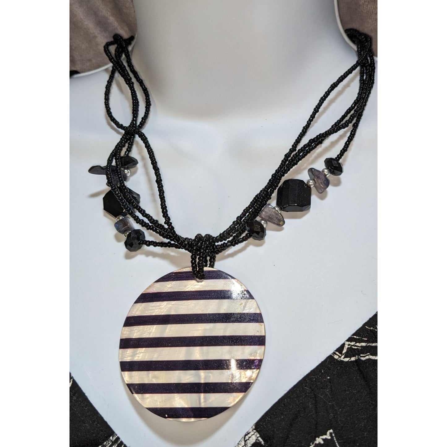 Black White Striped Shell Pendant Necklace Beaded Statement Boho Gothic Layered Jewelry