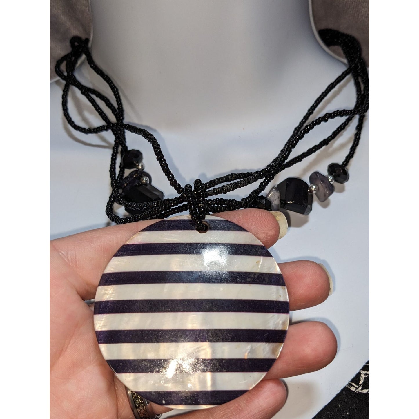 Black White Striped Shell Pendant Necklace Beaded Statement Boho Gothic Layered Jewelry