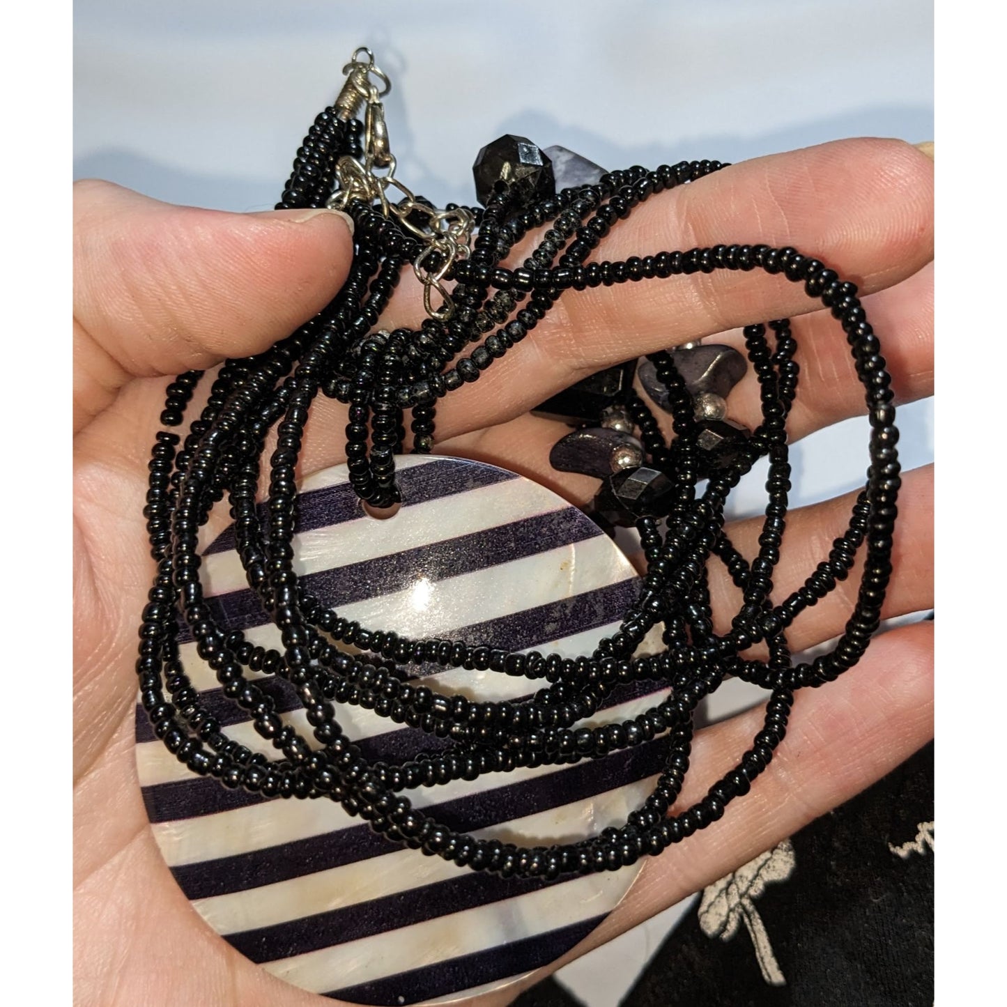 Black White Striped Shell Pendant Necklace Beaded Statement Boho Gothic Layered Jewelry