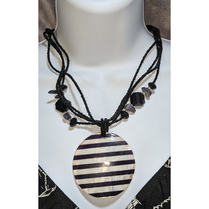 Black White Striped Shell Pendant Necklace Beaded Statement Boho Gothic Layered Jewelry