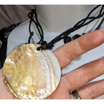Black White Striped Shell Pendant Necklace Beaded Statement Boho Gothic Layered Jewelry