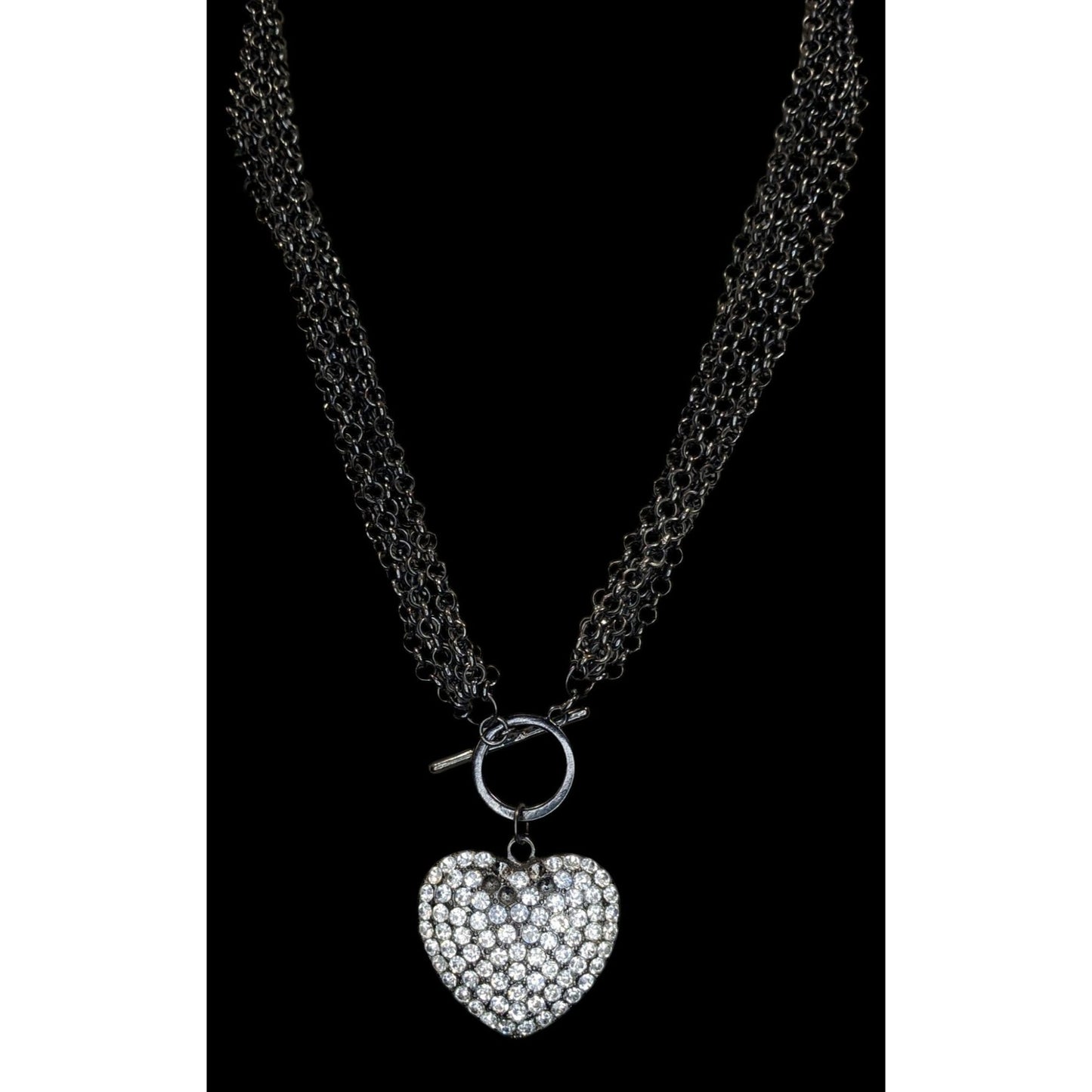 Rhinestone Heart Pendant Necklace Multi Chain Gunmetal Love Glam