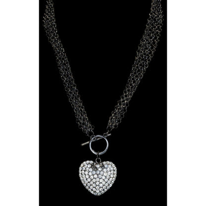 Rhinestone Heart Pendant Necklace Multi Chain Gunmetal Love Glam