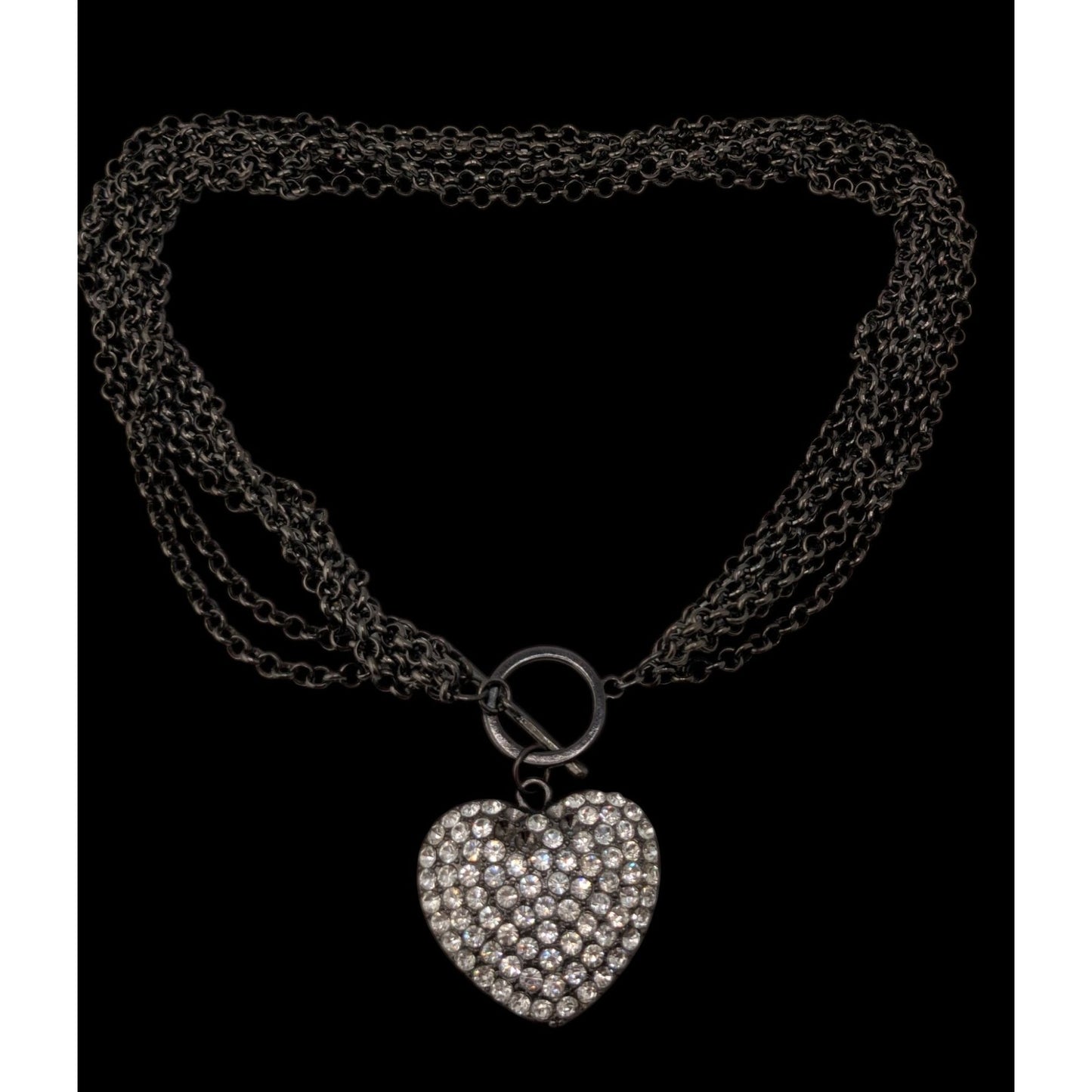 Rhinestone Heart Pendant Necklace Multi Chain Gunmetal Love Glam