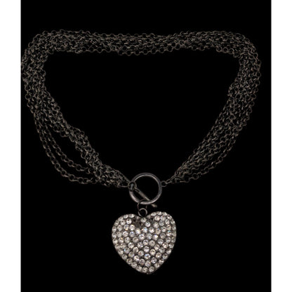 Rhinestone Heart Pendant Necklace Multi Chain Gunmetal Love Glam