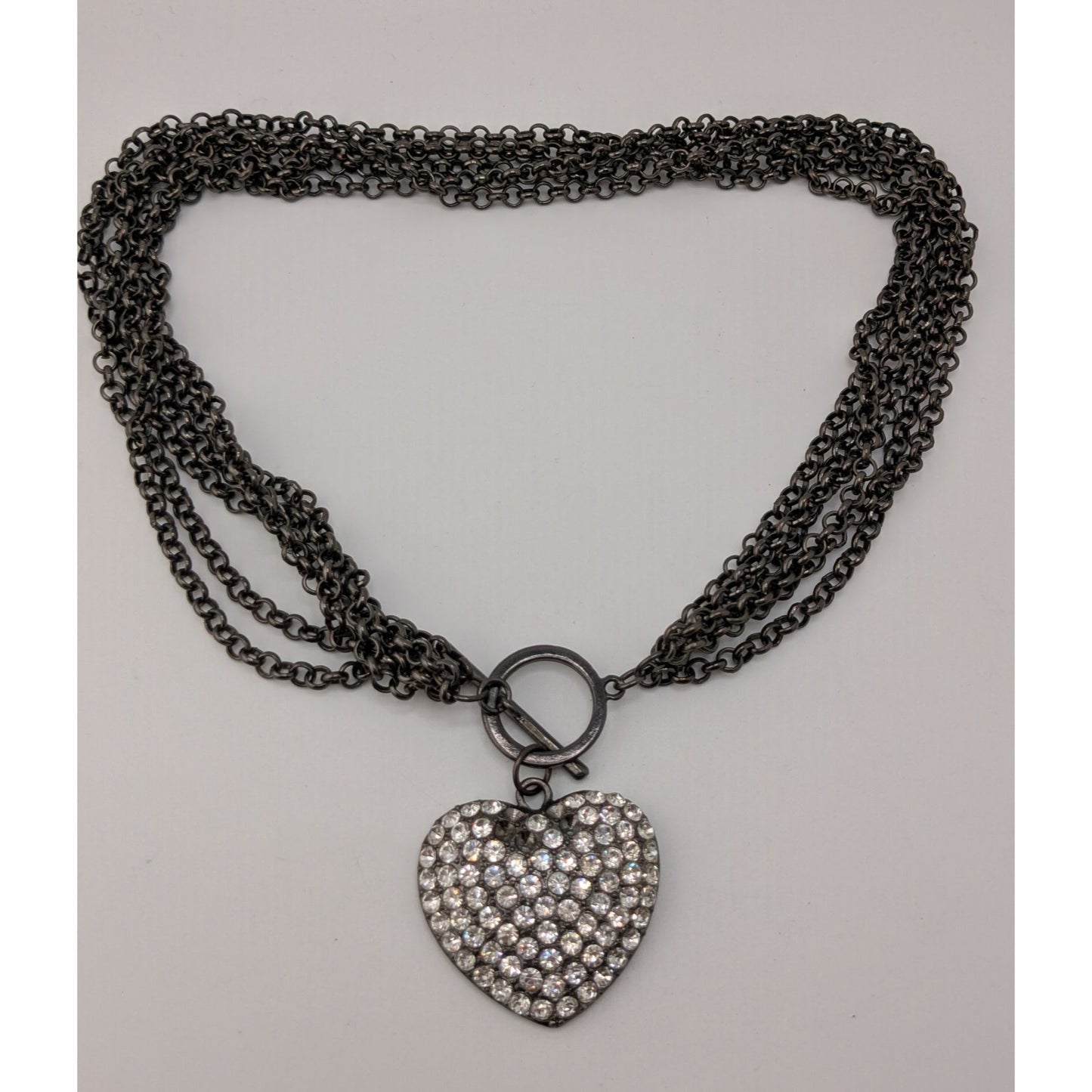 Rhinestone Heart Pendant Necklace Multi Chain Gunmetal Love Glam